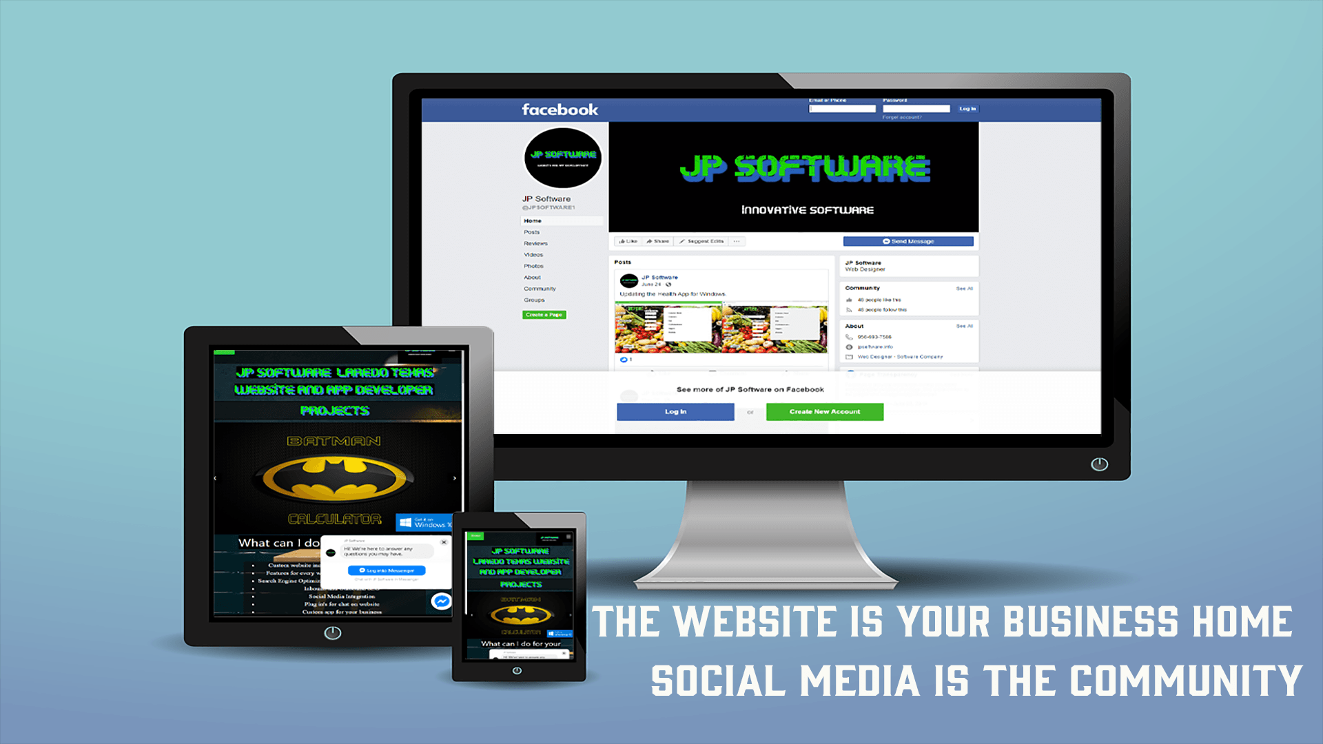 Website and Social Media. Monitor, Tablet, and Smartphone Image.